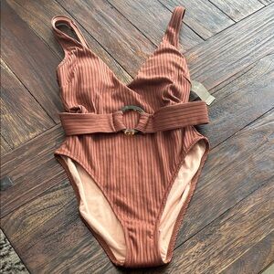 Ribbed One-Piece Swimsuit with Belt - Brown